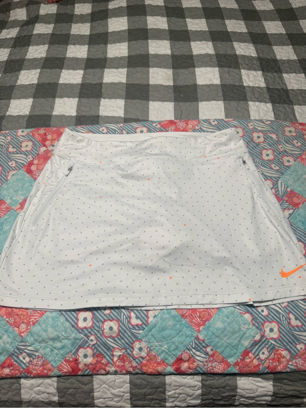 Nike White Mini Skirt with Neon Orange Swoosh and Micro Dots